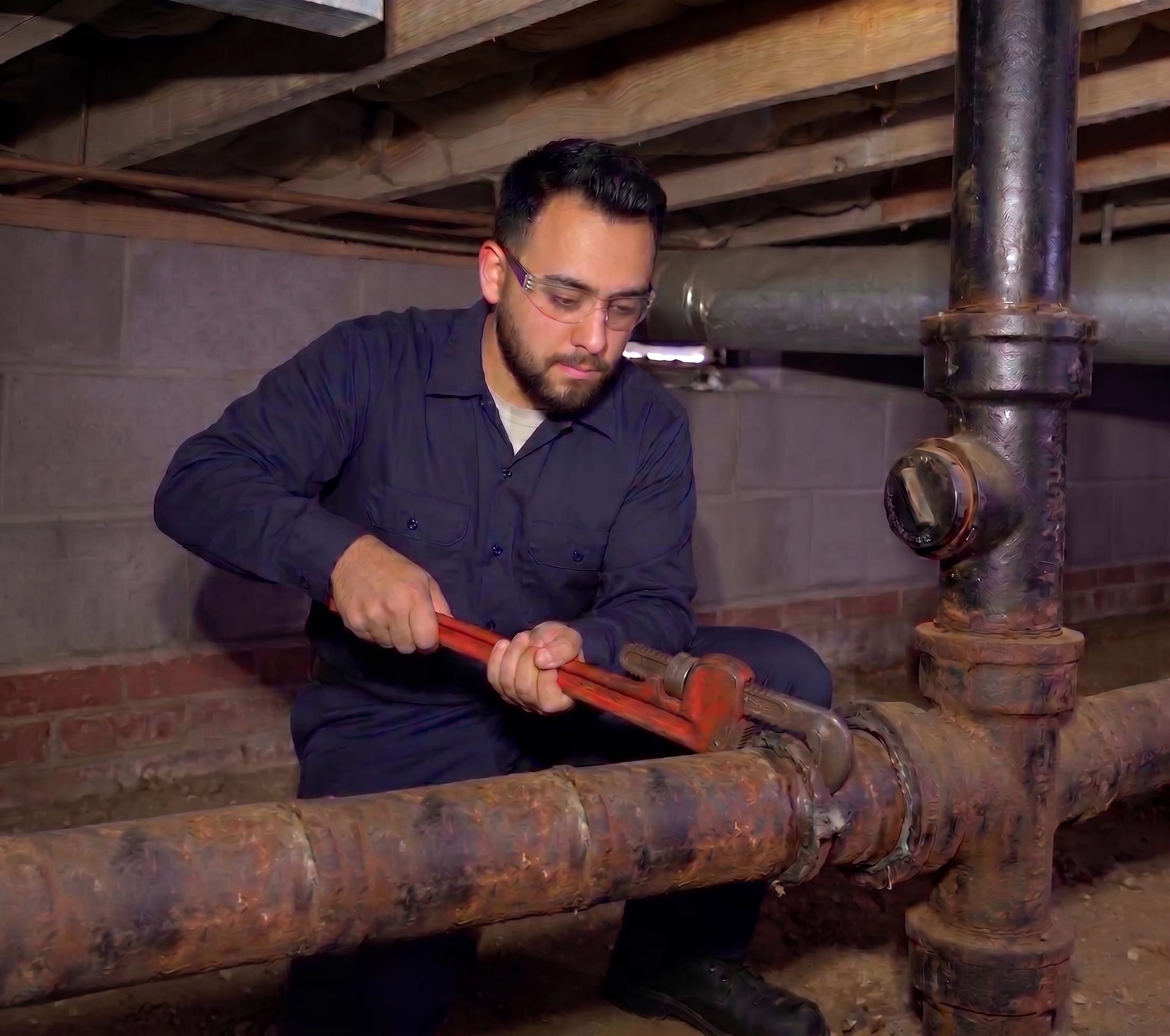 A Pink Plunger plumber replacing a corroded sewer mainline in a Salinas home's crawlspace