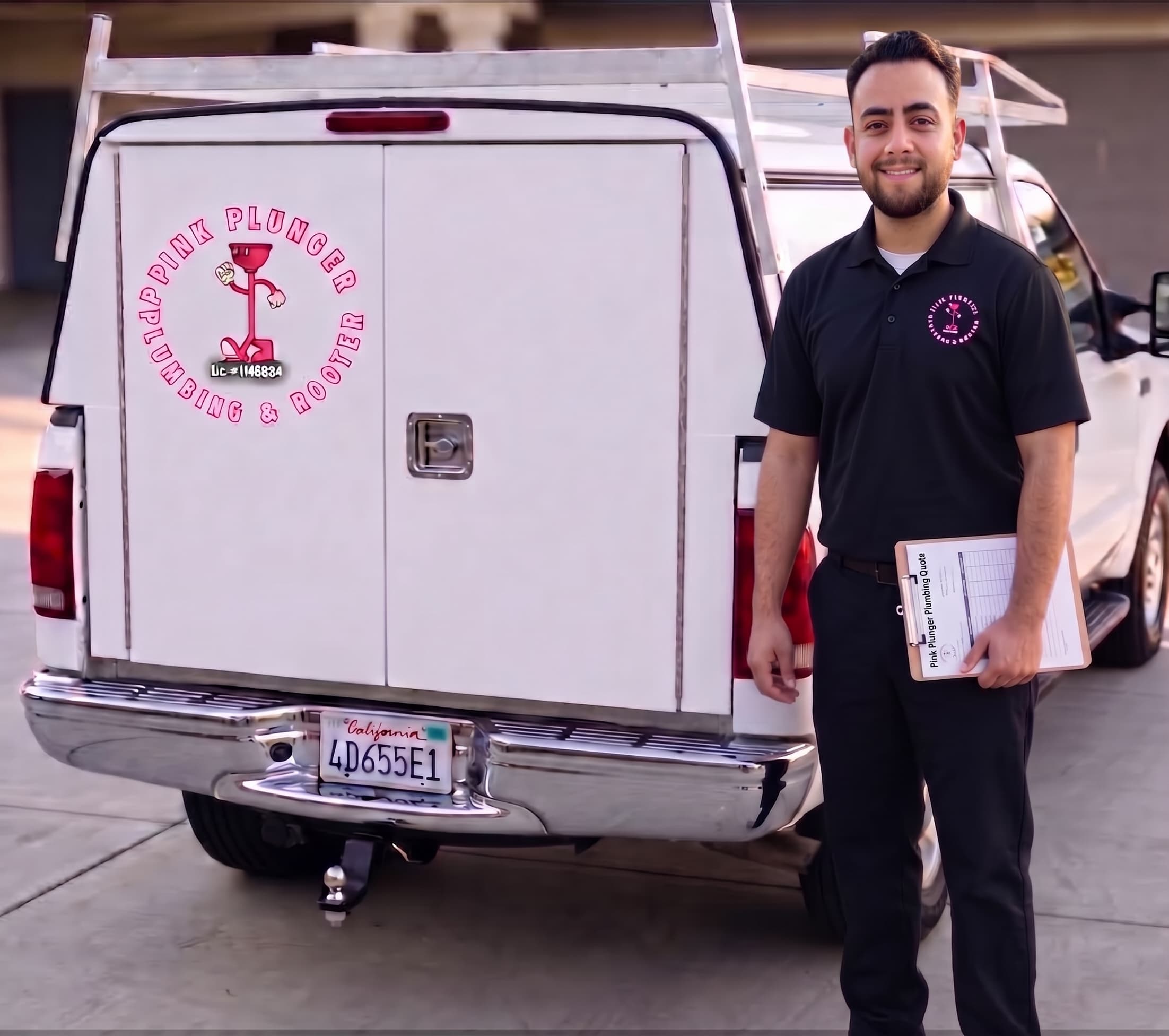 Diego Vallejo, founder of Pink Plunger Plumbing & Rooter, beside the Pink Plunger truck